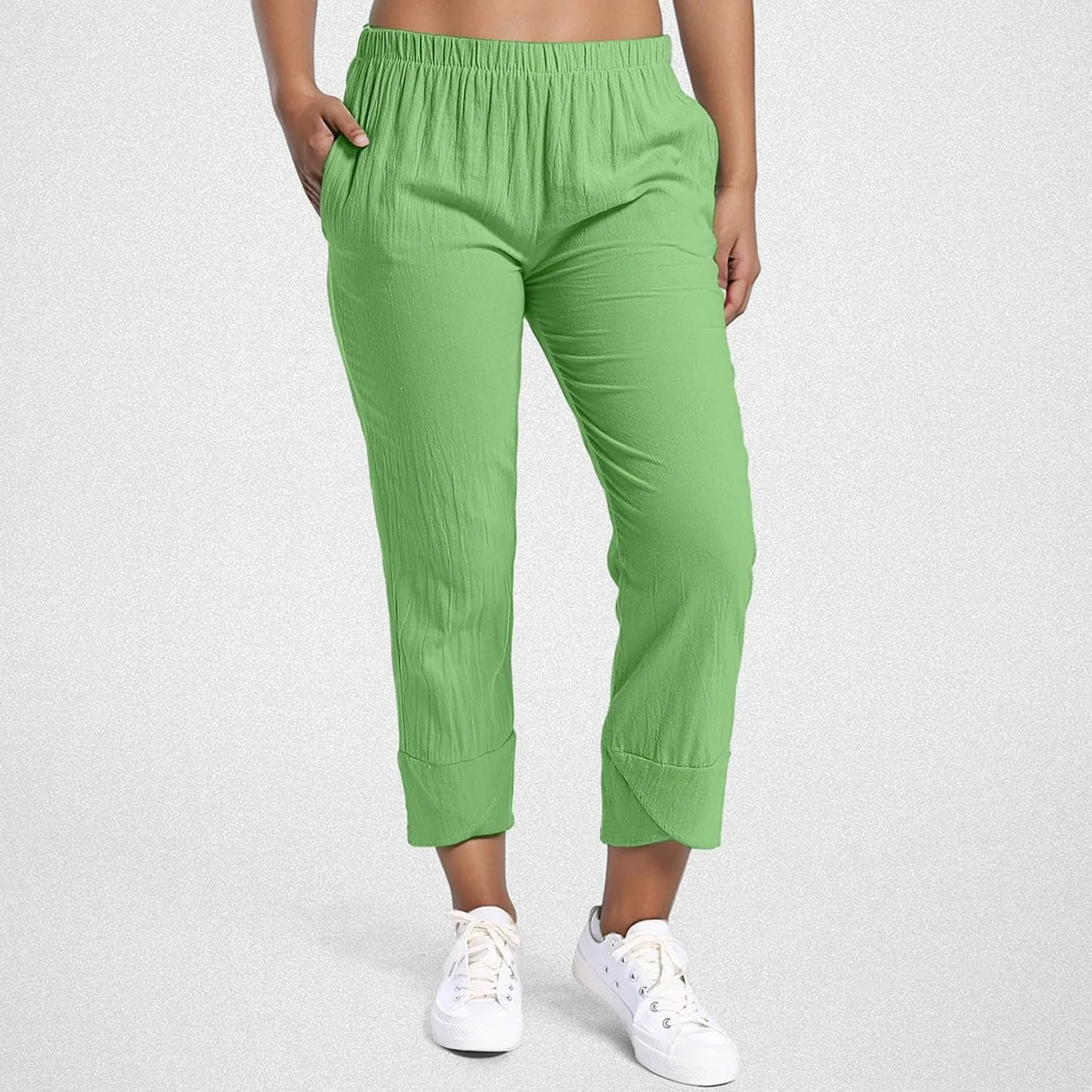 Linen Capri Pants Womens Casual Summer Trendy Elastic Waist Loose Trouser Lounge Athletic Yoga Pants Beach Plus Size
