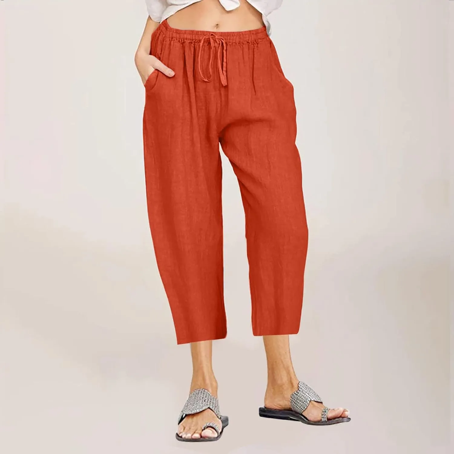 Linen Capris Pants for Women 2025 Summer Comfy Drawstring Waist Beach Pants Lightweight Cropped Trouser with Pockets