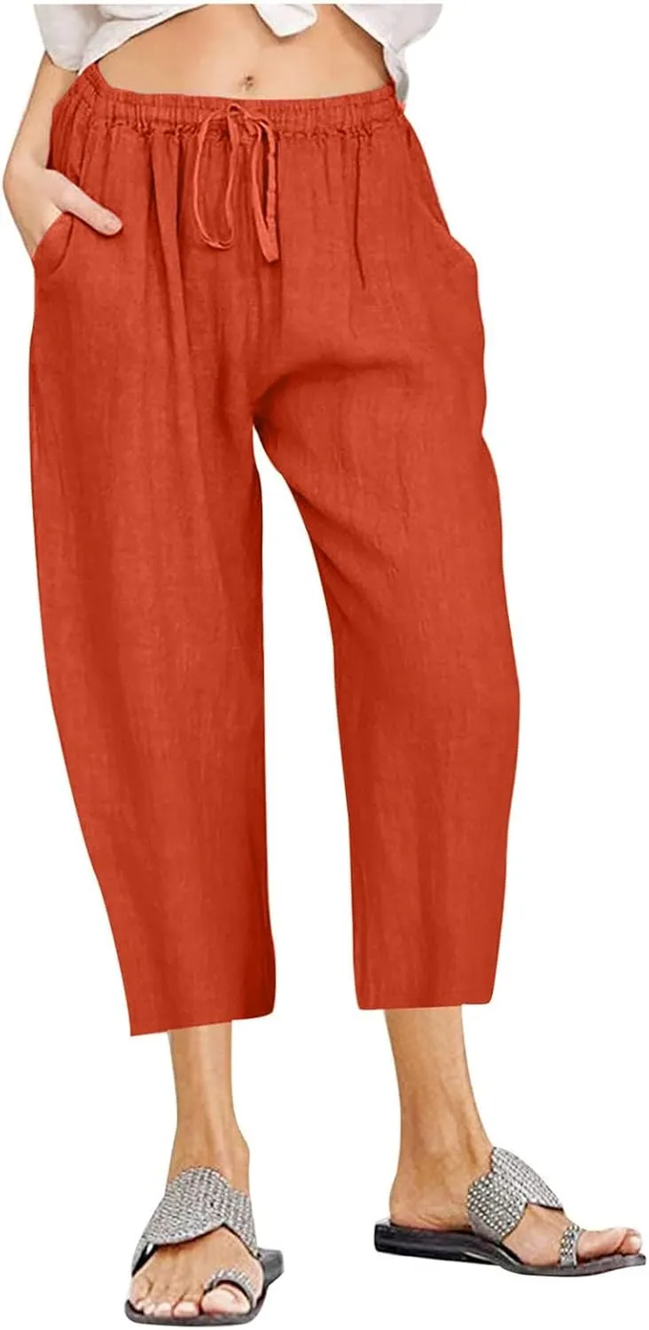 Linen Capris Pants for Women 2025 Summer Comfy Drawstring Waist Beach Pants Lightweight Cropped Trouser with Pockets
