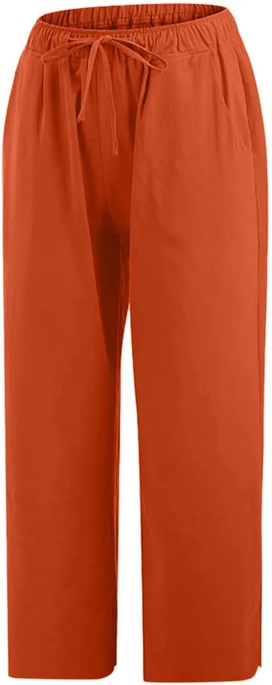 Linen Capris Pants for Women 2025 Summer Comfy Drawstring Waist Beach Pants Lightweight Cropped Trouser with Pockets