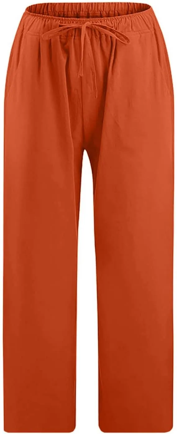 Linen Capris Pants for Women 2025 Summer Comfy Drawstring Waist Beach Pants Lightweight Cropped Trouser with Pockets