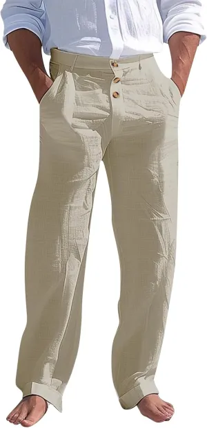 Linen Casual Dress Pants for Men High Waist Button Fly Straight Leg Trendy Formal Work Trousers Loose Beach Travel Pants