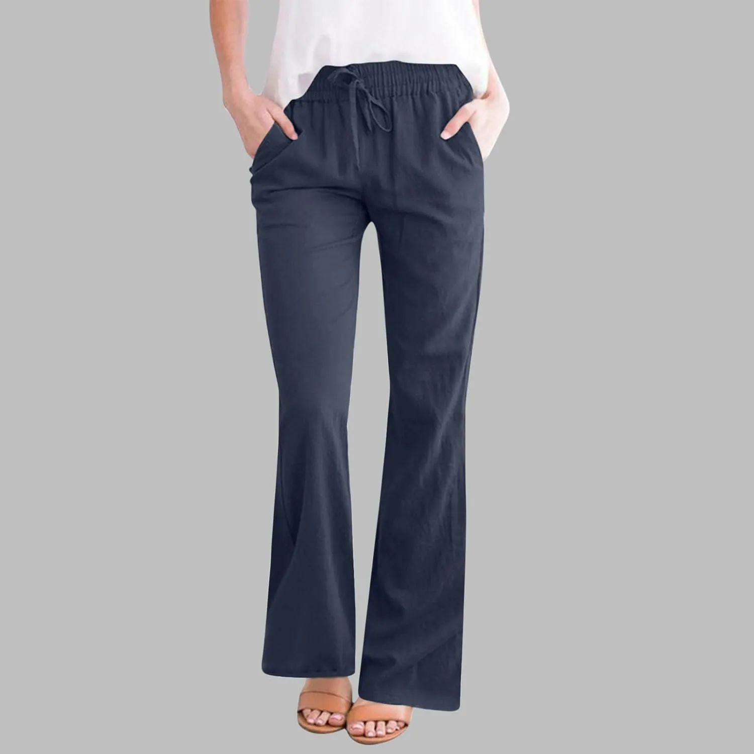 Linen Flared Pants for Women Casual Drawstring Elastic Waist Pant Trendy 2025 Summer Lounge Work Trouser with Pockets