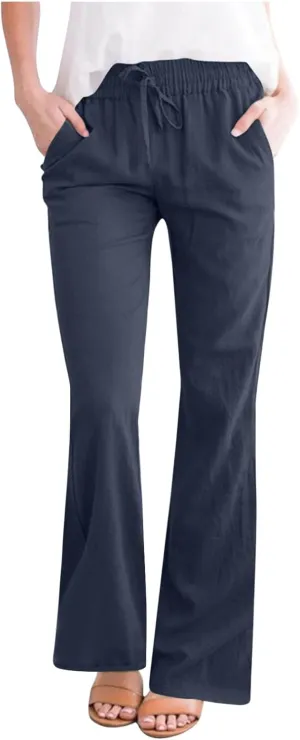 Linen Flared Pants for Women Casual Drawstring Elastic Waist Pant Trendy 2025 Summer Lounge Work Trouser with Pockets