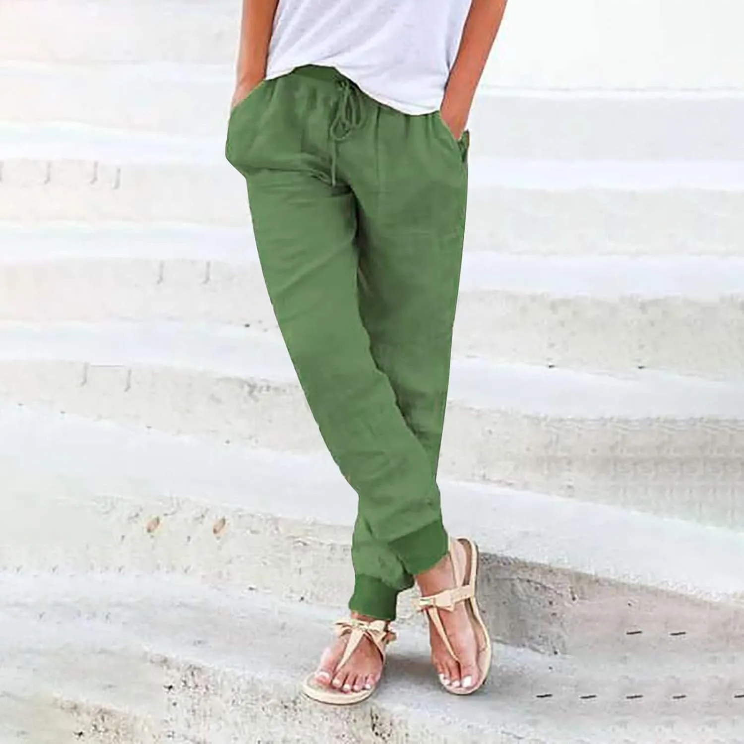 Linen Palazzo Pants for Women Casual High Waist Lightweight Summer Palazzo Trouser with Pockets Ladies Wide Leg Pants