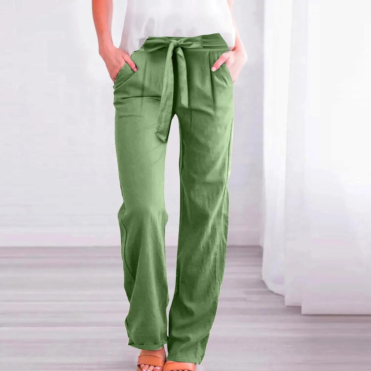 Linen Pants for Women Drawstring Elastic High Waisted Straight Leg Pants with Pockets Summer Casual Boho Beach Trouser