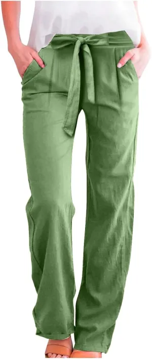 Linen Pants for Women Drawstring Elastic High Waisted Straight Leg Pants with Pockets Summer Casual Boho Beach Trouser
