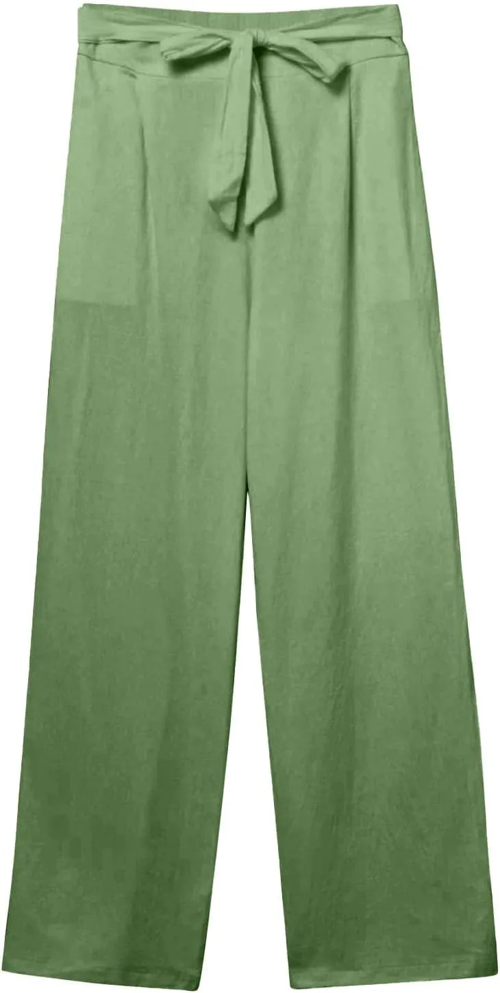 Linen Pants for Women Drawstring Elastic High Waisted Straight Leg Pants with Pockets Summer Casual Boho Beach Trouser