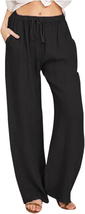 Linen Pants Women 2025 Summer Beach Lounge Wide Leg Trousers Drawstring High Waisted Palazzo Pants with Pockets