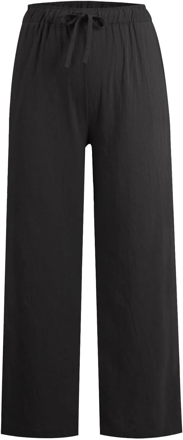 Linen Pants Women 2025 Summer Beach Lounge Wide Leg Trousers Drawstring High Waisted Palazzo Pants with Pockets