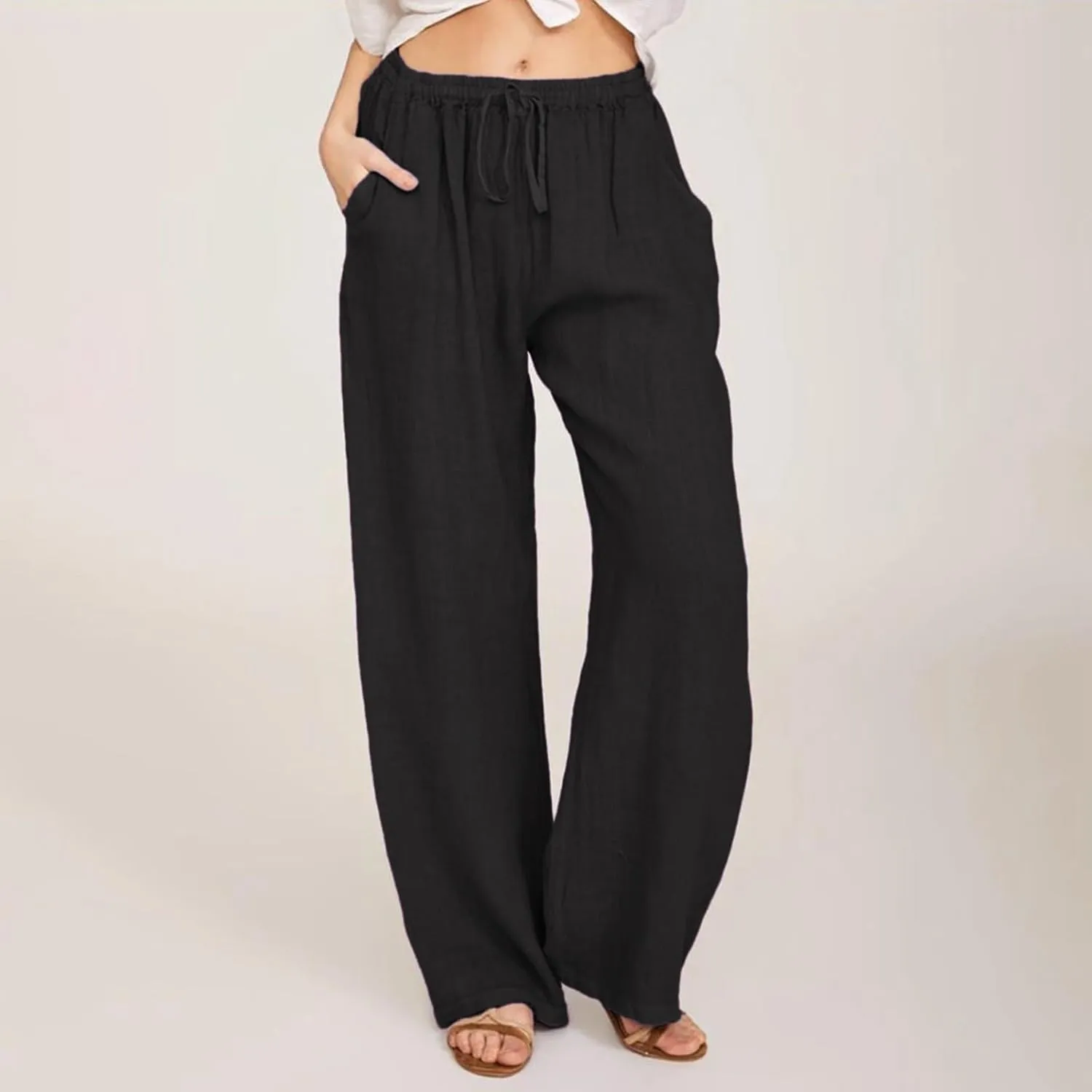 Linen Pants Women 2025 Summer Beach Lounge Wide Leg Trousers Drawstring High Waisted Palazzo Pants with Pockets