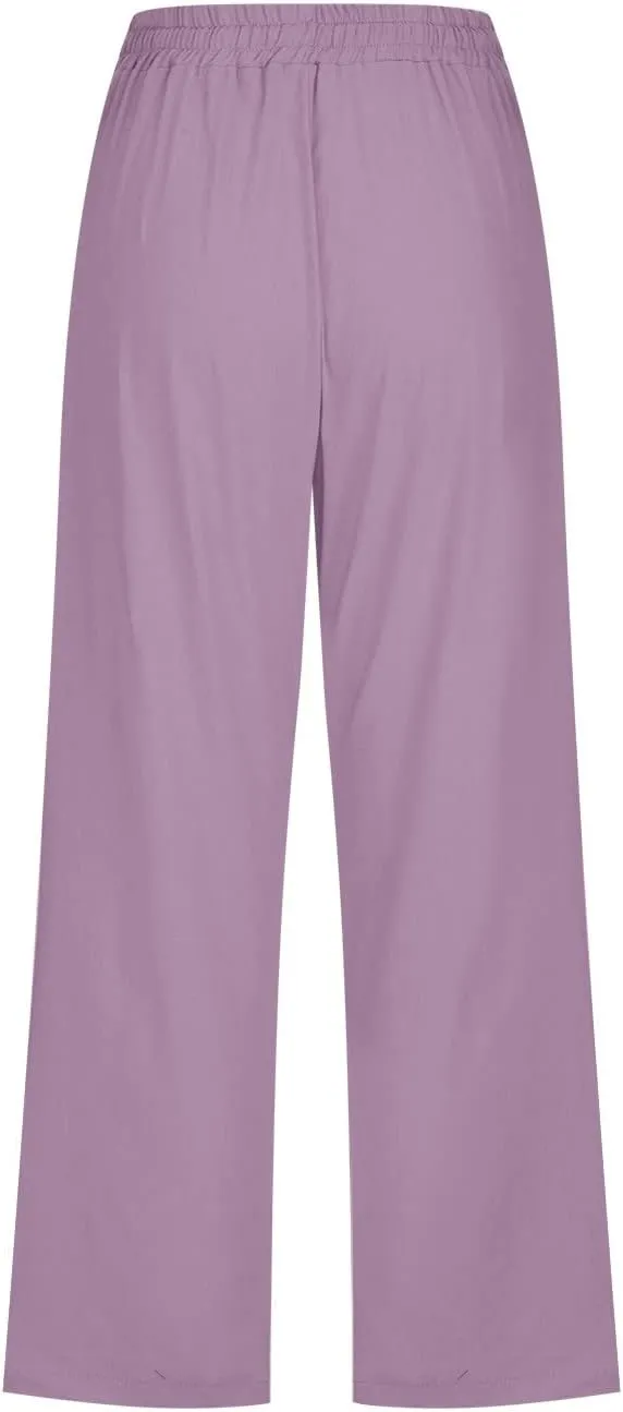 Linen Pants Women 3/4 Length White Linen Pants Women Summer Pants 2024 Wide Leg Pants Woman Elastic Drastring Trousers