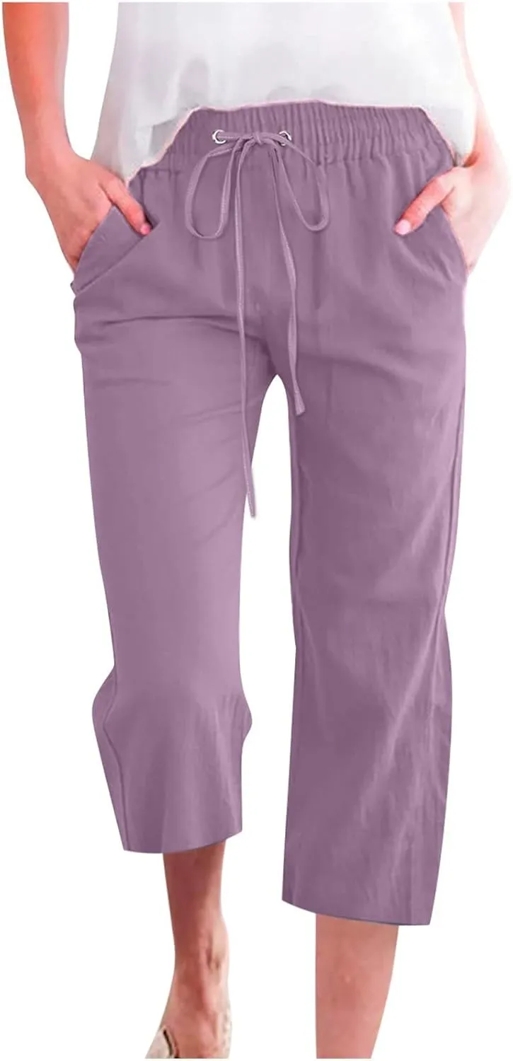 Linen Pants Women 3/4 Length White Linen Pants Women Summer Pants 2024 Wide Leg Pants Woman Elastic Drastring Trousers