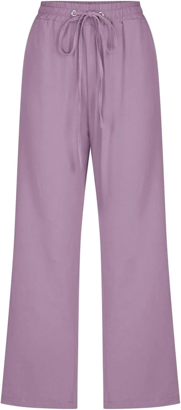 Linen Pants Women 3/4 Length White Linen Pants Women Summer Pants 2024 Wide Leg Pants Woman Elastic Drastring Trousers