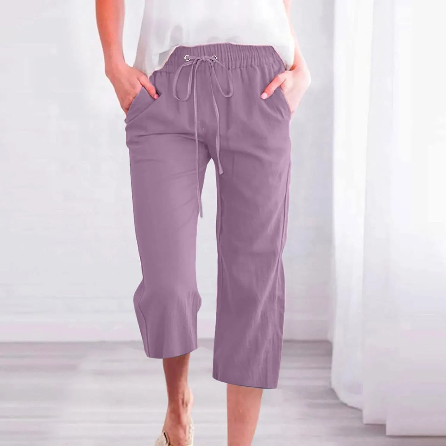 Linen Pants Women 3/4 Length White Linen Pants Women Summer Pants 2024 Wide Leg Pants Woman Elastic Drastring Trousers