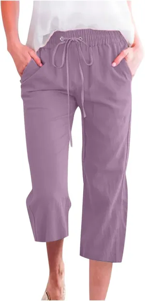 Linen Pants Women 3/4 Length White Linen Pants Women Summer Pants 2024 Wide Leg Pants Woman Elastic Drastring Trousers