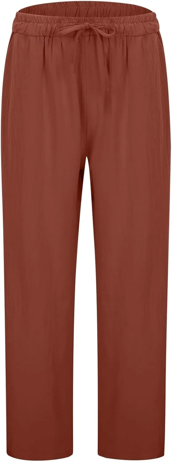 Linen Pants Women Casual Summer Loose Solid Color Boho Plus Size High Waisted Linen Pants Straight Trousers with Pockets