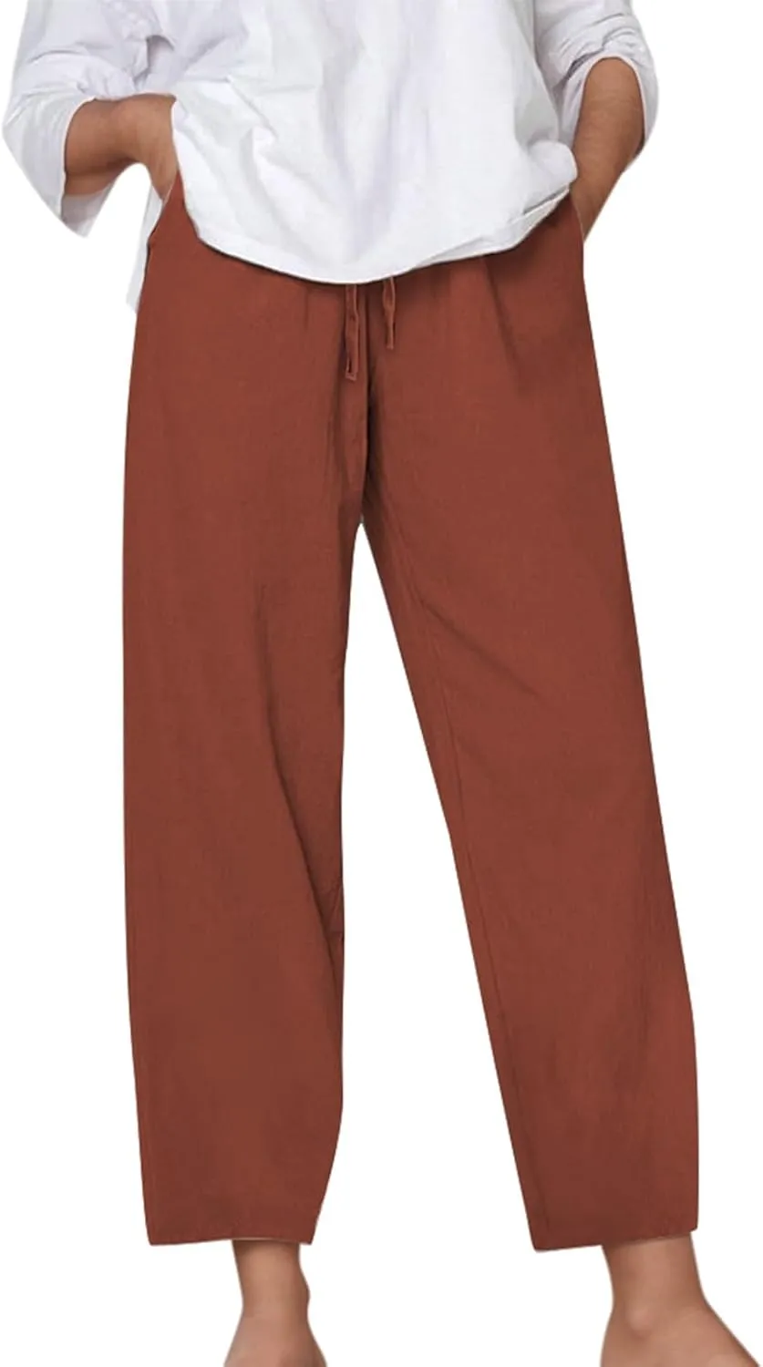 Linen Pants Women Casual Summer Loose Solid Color Boho Plus Size High Waisted Linen Pants Straight Trousers with Pockets