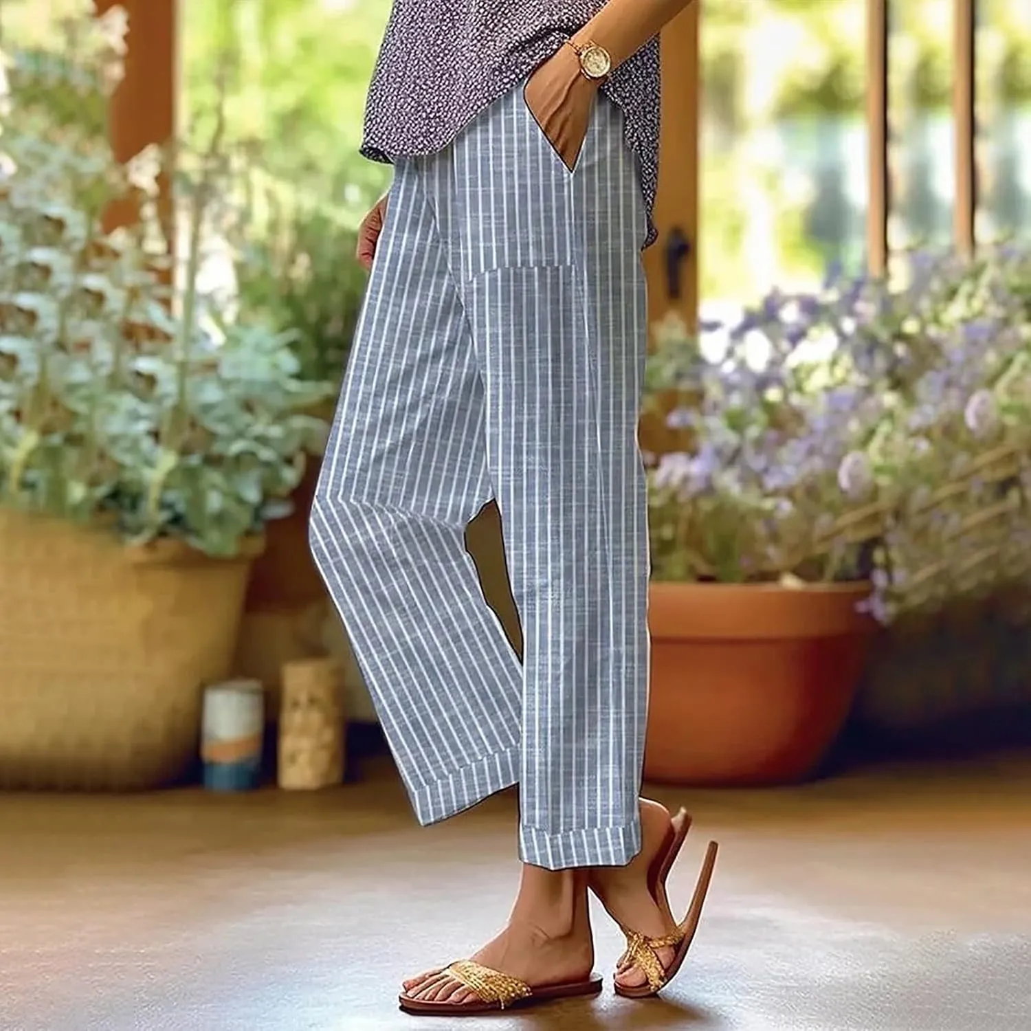 Linen Pants Women Floral Striped Print Elastic Waist Capri Petite Short Capri Summer Casual Dressy Beach Trousers