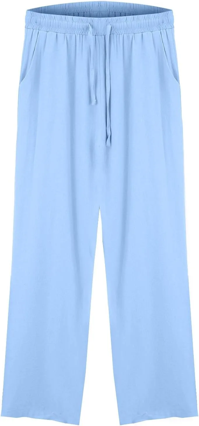 Linen Pants Women Lightweight Capri Pants Cotton Elastic Waist Trousers Casual Loose Summer Lounge Long Trousers