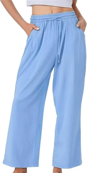 Linen Pants Women Lightweight Capri Pants Cotton Elastic Waist Trousers Casual Loose Summer Lounge Long Trousers