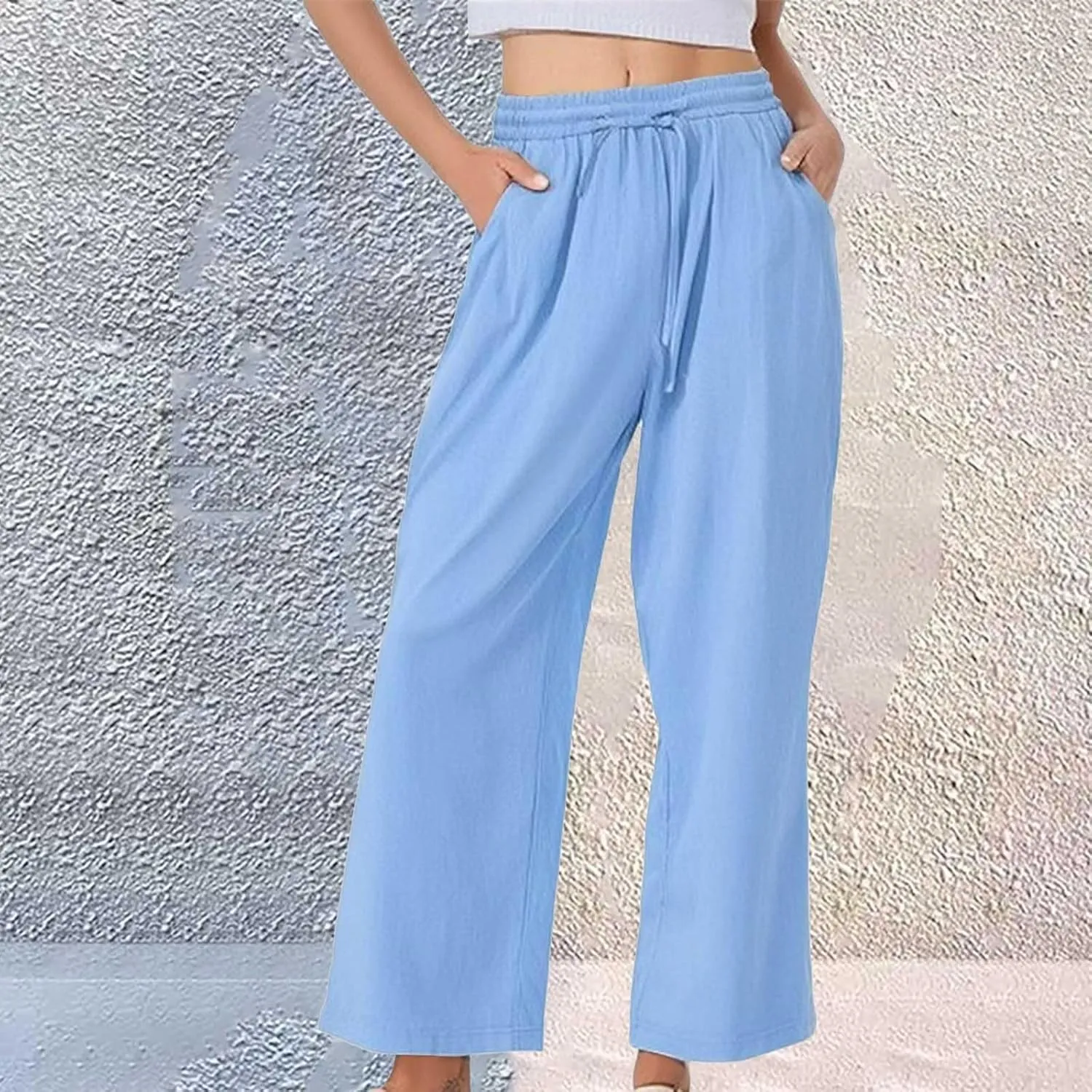 Linen Pants Women Lightweight Capri Pants Cotton Elastic Waist Trousers Casual Loose Summer Lounge Long Trousers