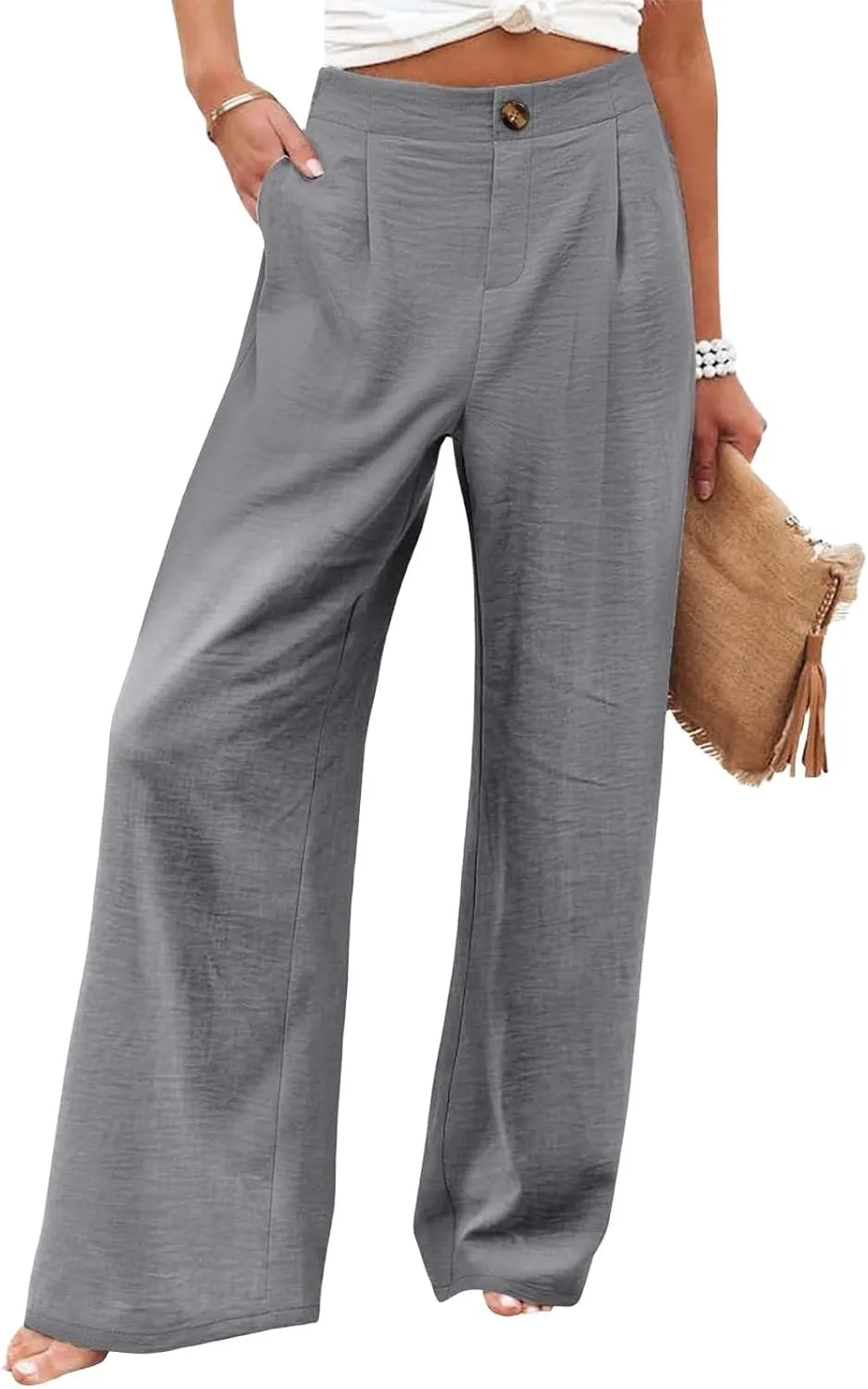Linen Pants Women Lounge Baggy Flowy Beach Pants Elastic High Waisted Pleated Wide Leg Trousers with Pockets