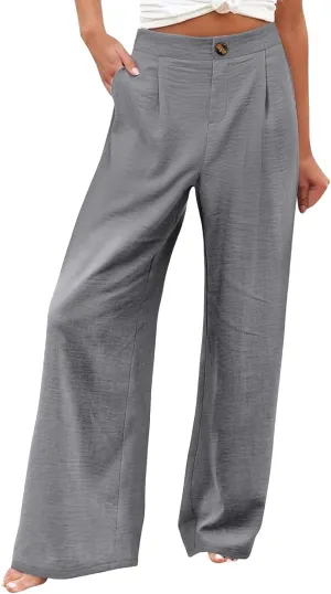 Linen Pants Women Lounge Baggy Flowy Beach Pants Elastic High Waisted Pleated Wide Leg Trousers with Pockets