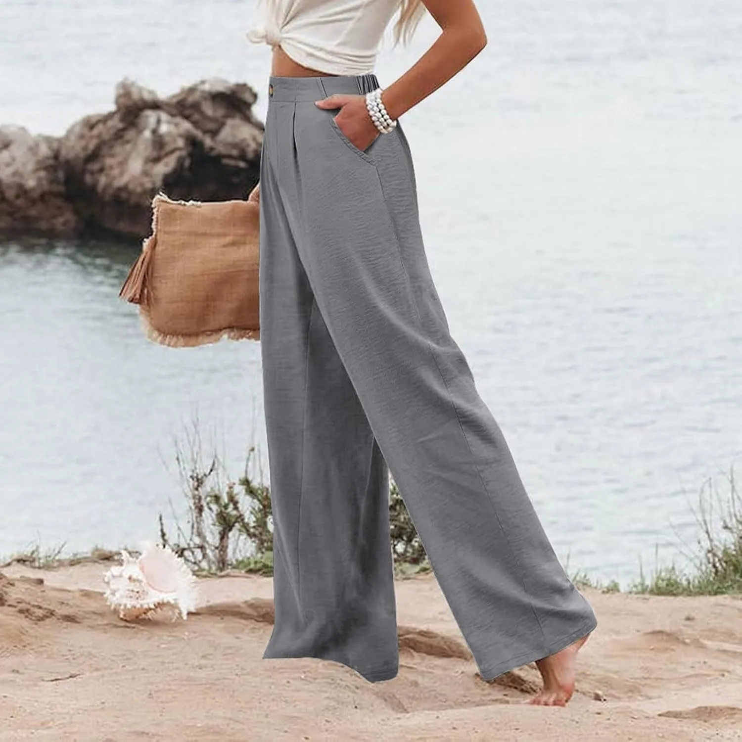 Linen Pants Women Lounge Baggy Flowy Beach Pants Elastic High Waisted Pleated Wide Leg Trousers with Pockets