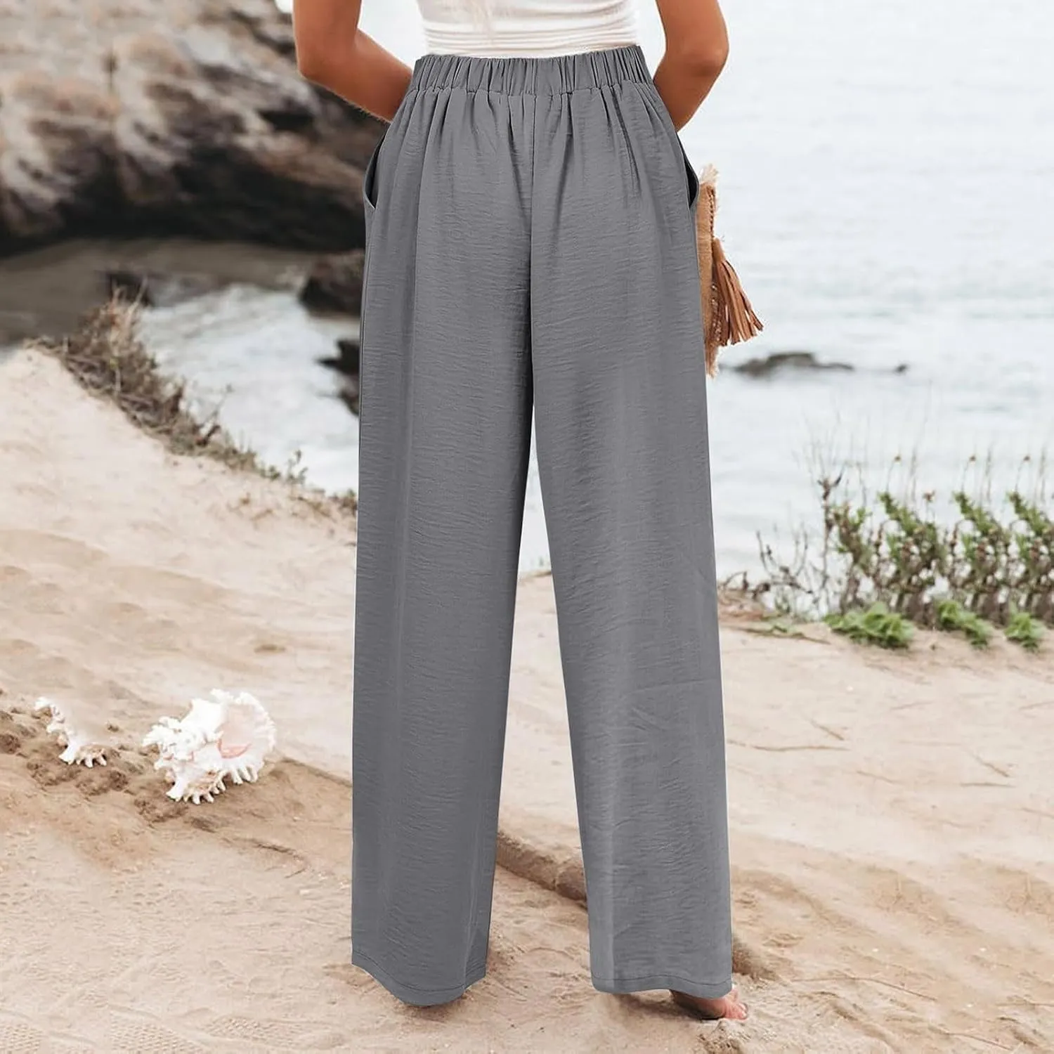 Linen Pants Women Lounge Baggy Flowy Beach Pants Elastic High Waisted Pleated Wide Leg Trousers with Pockets