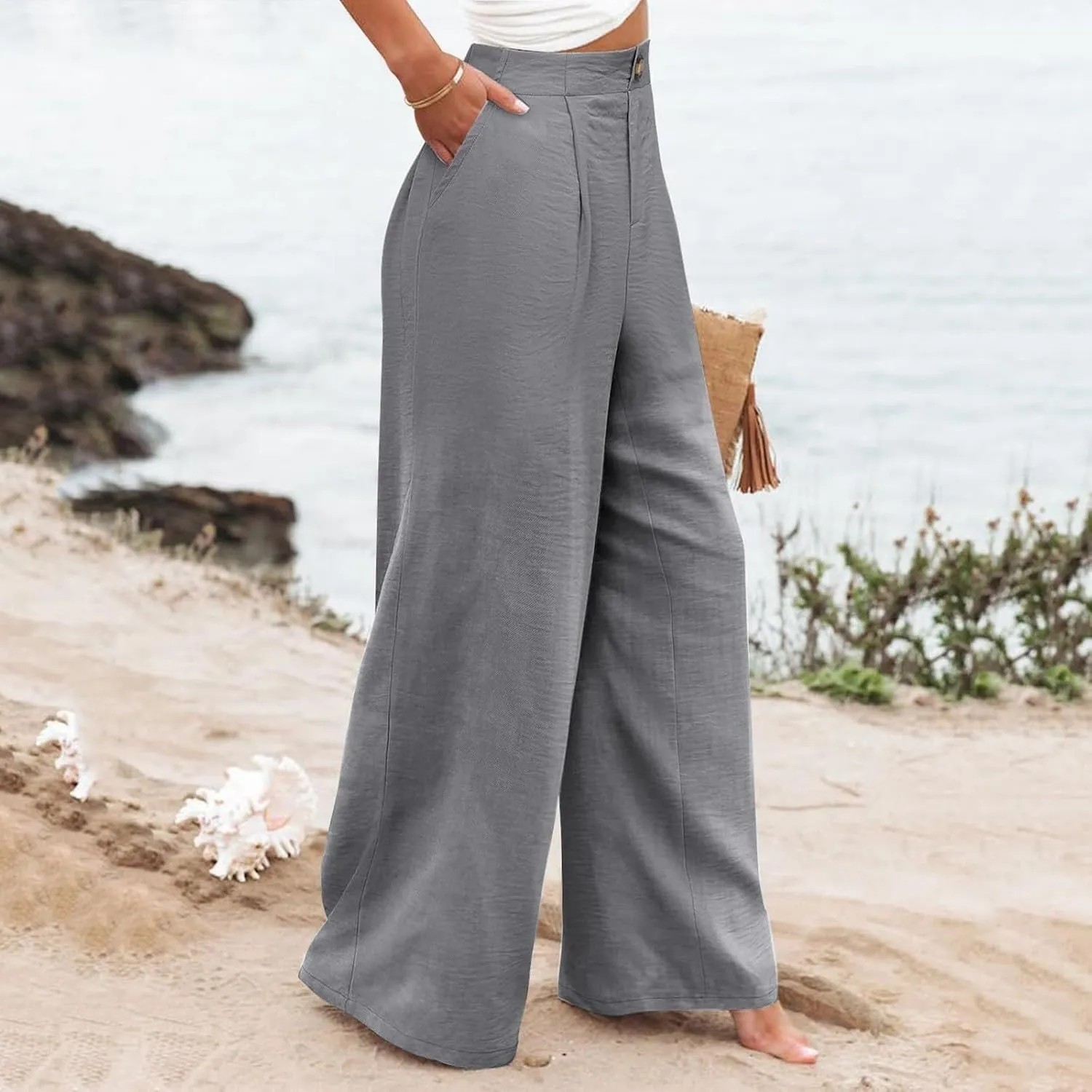 Linen Pants Women Lounge Baggy Flowy Beach Pants Elastic High Waisted Pleated Wide Leg Trousers with Pockets