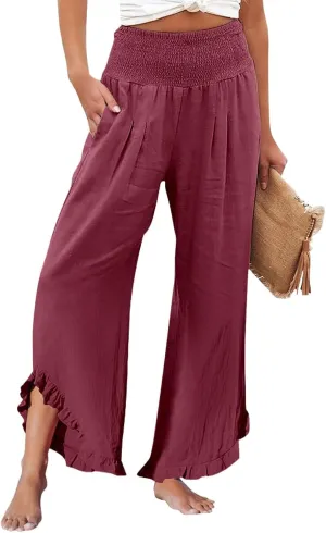 Linen Pants Women Smocked Elastic Waist High Waisted Ruffle Summer Pants with Pockets Casual Flowy Wide Leg Trousers
