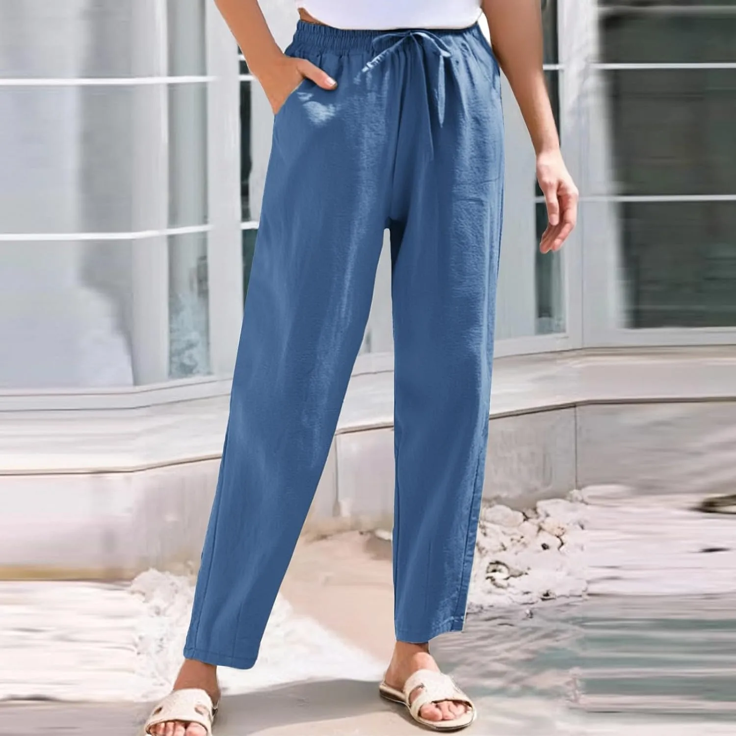Linen Pants Women Summer Casual High Waisted Straight Leg Beach Pants Drawstring Pants Trousers with Pockets