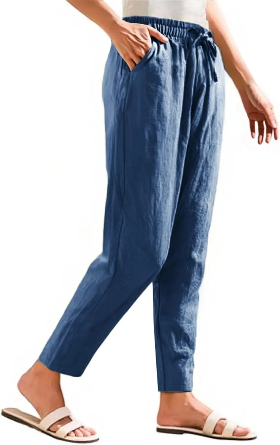Linen Pants Women Summer Casual High Waisted Straight Leg Beach Pants Drawstring Pants Trousers with Pockets