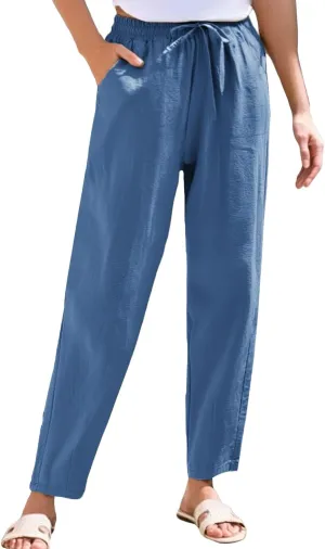 Linen Pants Women Summer Casual High Waisted Straight Leg Beach Pants Drawstring Pants Trousers with Pockets