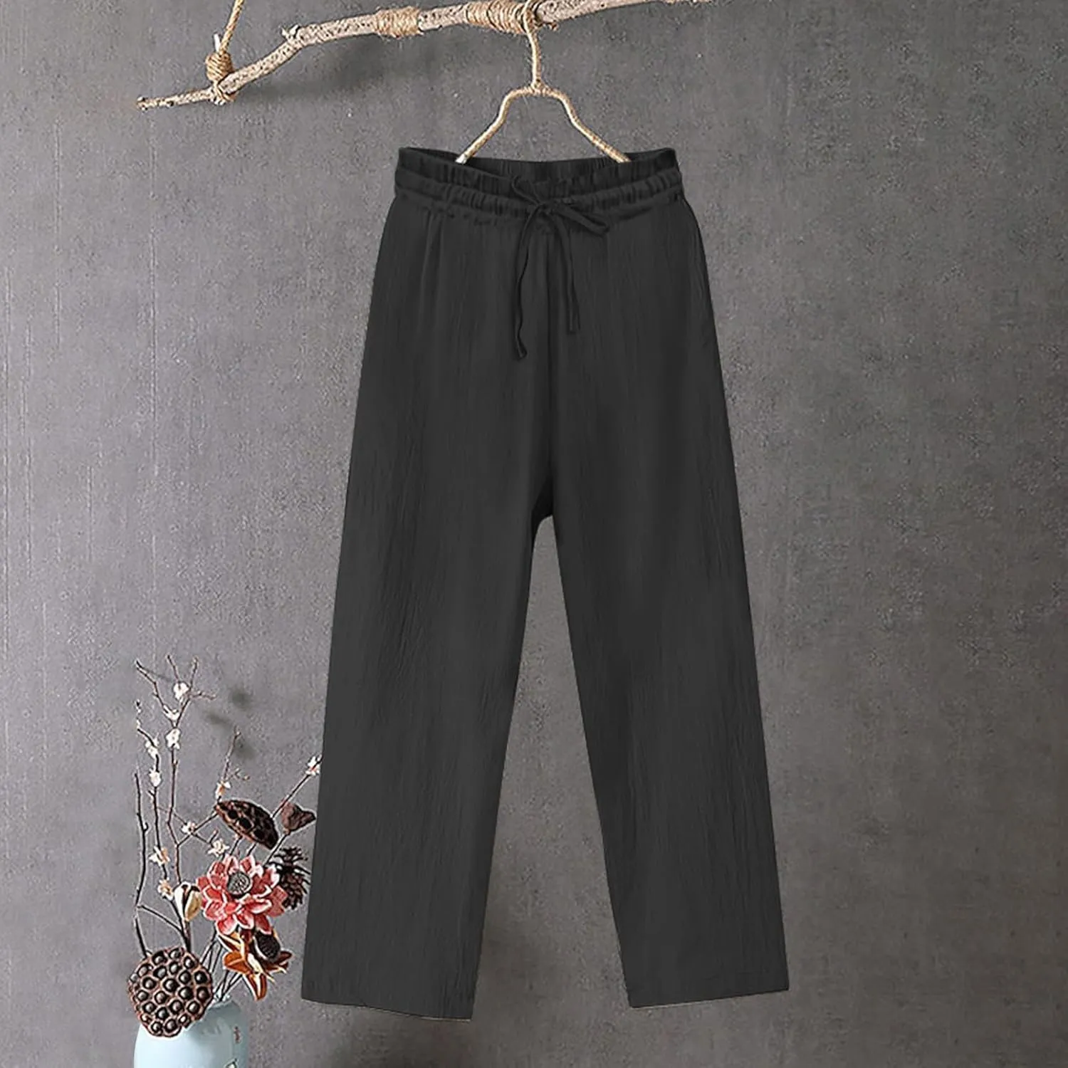 Linen Pants Women Summer Loose Fit Lounge Wide Leg Pants Women Beach Fashion High Waist Drawstring Trousers