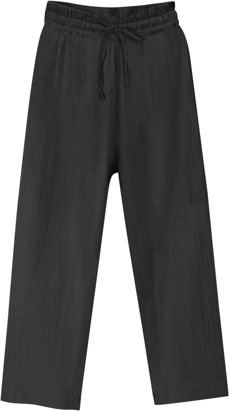 Linen Pants Women Summer Loose Fit Lounge Wide Leg Pants Women Beach Fashion High Waist Drawstring Trousers