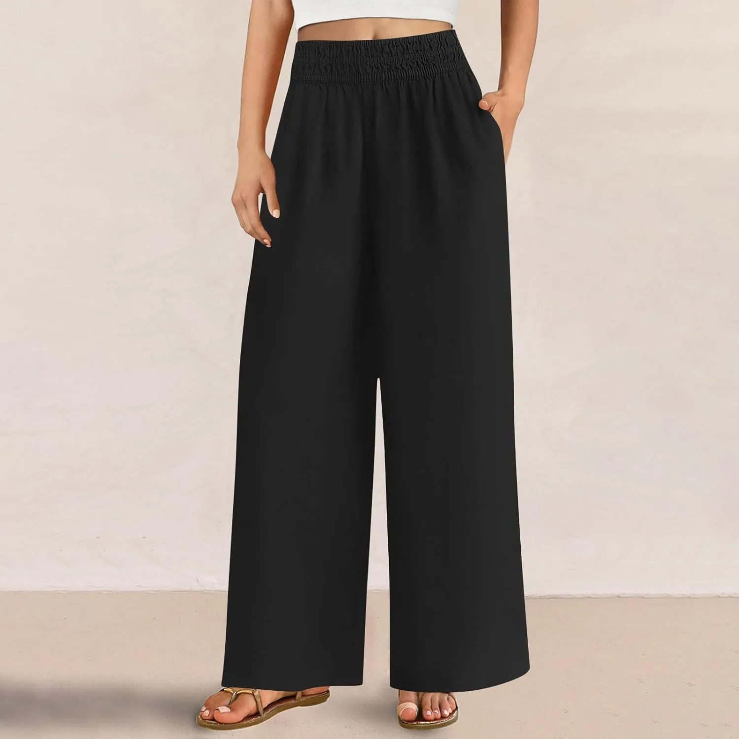 Linen Pants Women, Women's Cotton Linen Palazzo Pants Drawstring Elastic Waist Casual Wide Leg Trousers with Pockets