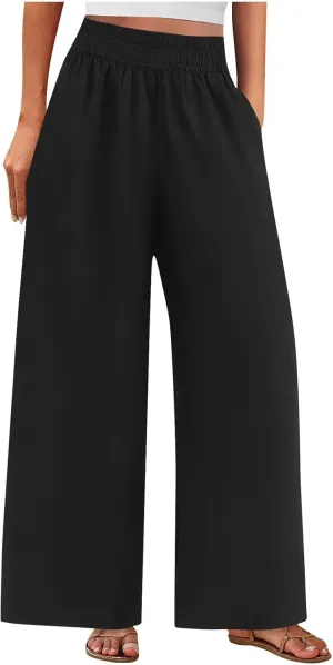 Linen Pants Women, Women's Cotton Linen Palazzo Pants Drawstring Elastic Waist Casual Wide Leg Trousers with Pockets