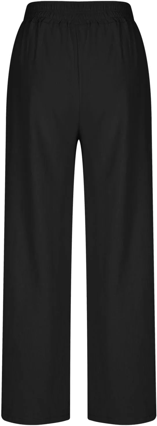 Linen Pants Women, Women's Cotton Linen Palazzo Pants Drawstring Elastic Waist Casual Wide Leg Trousers with Pockets