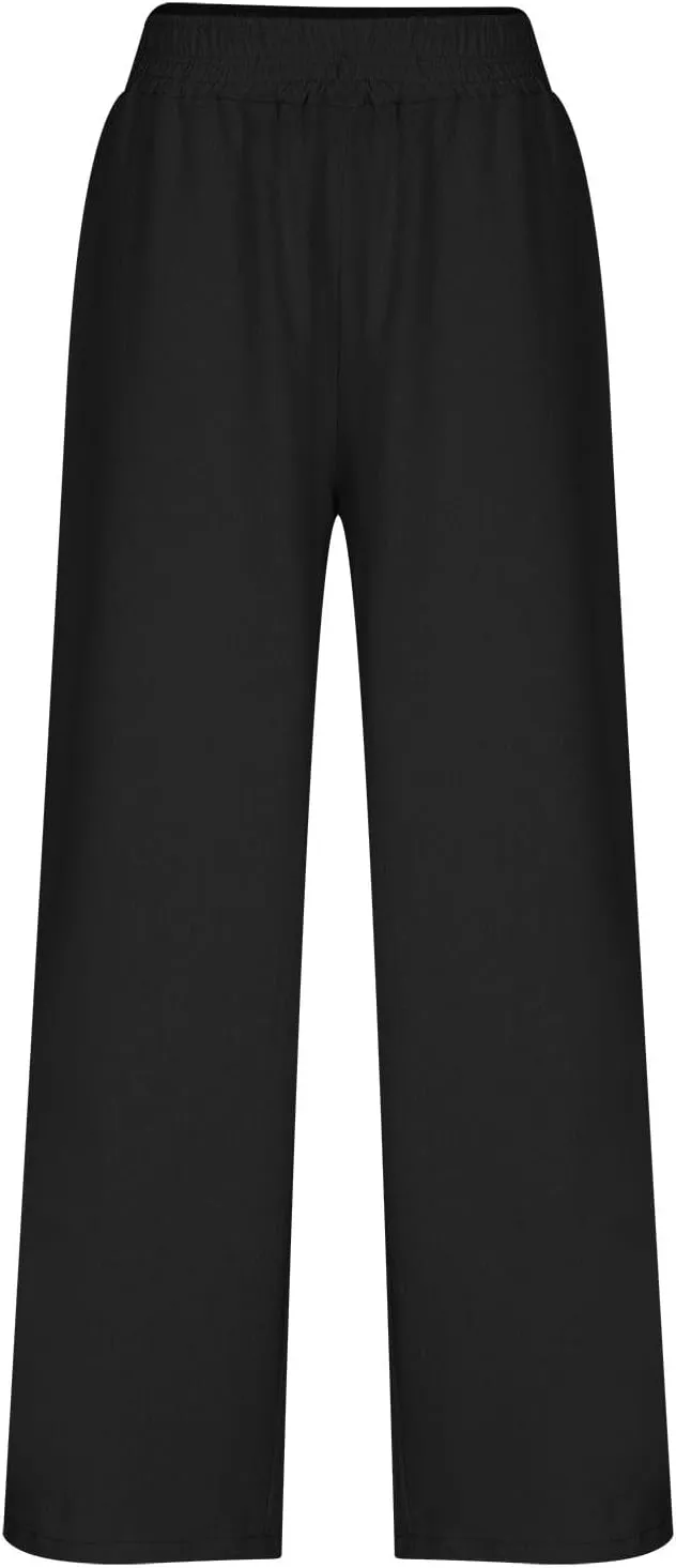 Linen Pants Women, Women's Cotton Linen Palazzo Pants Drawstring Elastic Waist Casual Wide Leg Trousers with Pockets
