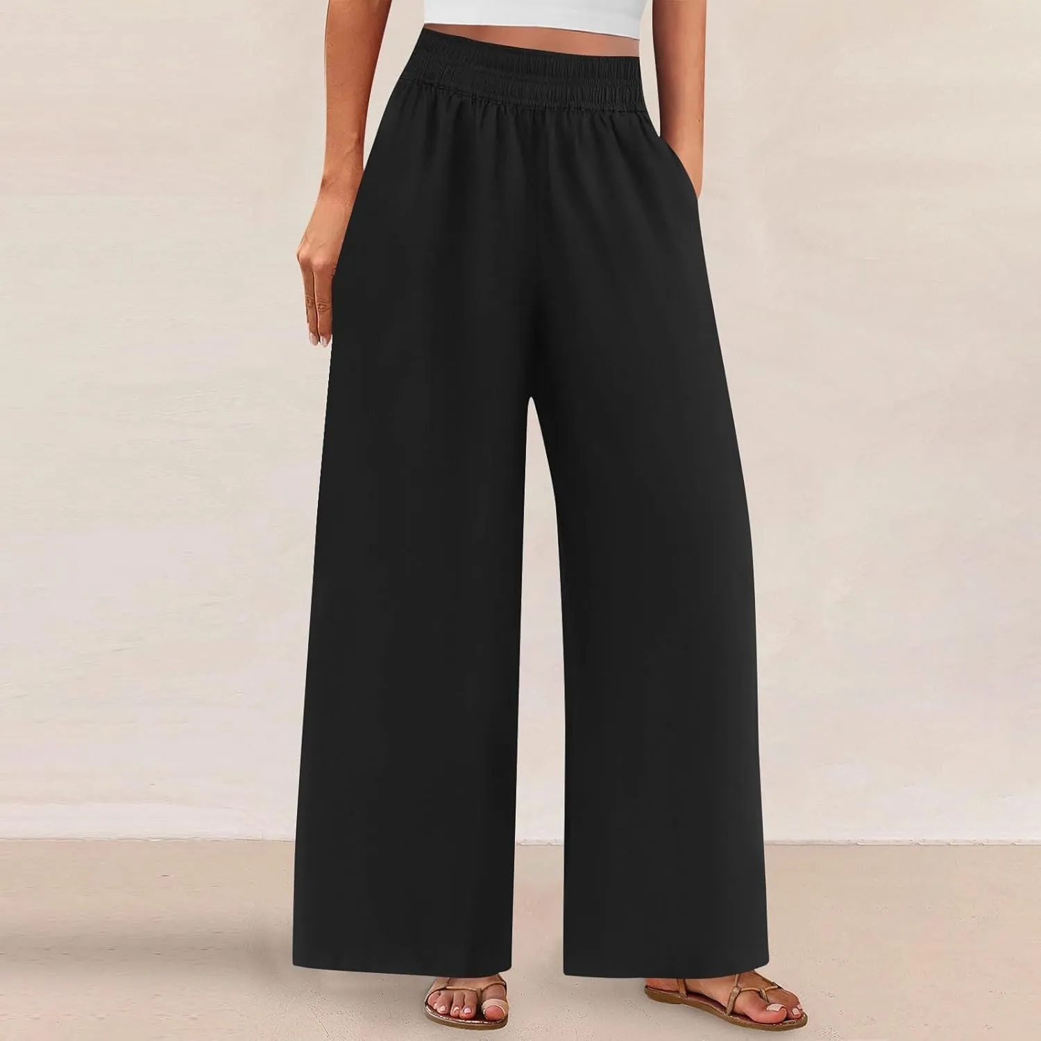 Linen Pants Women, Women's Cotton Linen Palazzo Pants Drawstring Elastic Waist Casual Wide Leg Trousers with Pockets