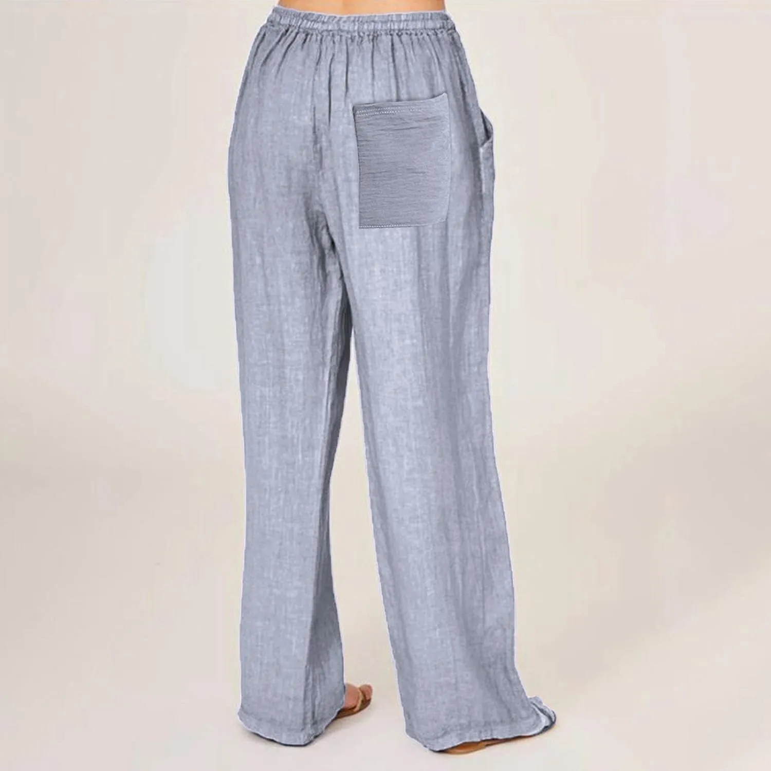 Linen Wide Leg Pants for Women Casual Elastic Waisted Palazzo Stretchy Summer Beach Travel Vacation Lounge Trousers