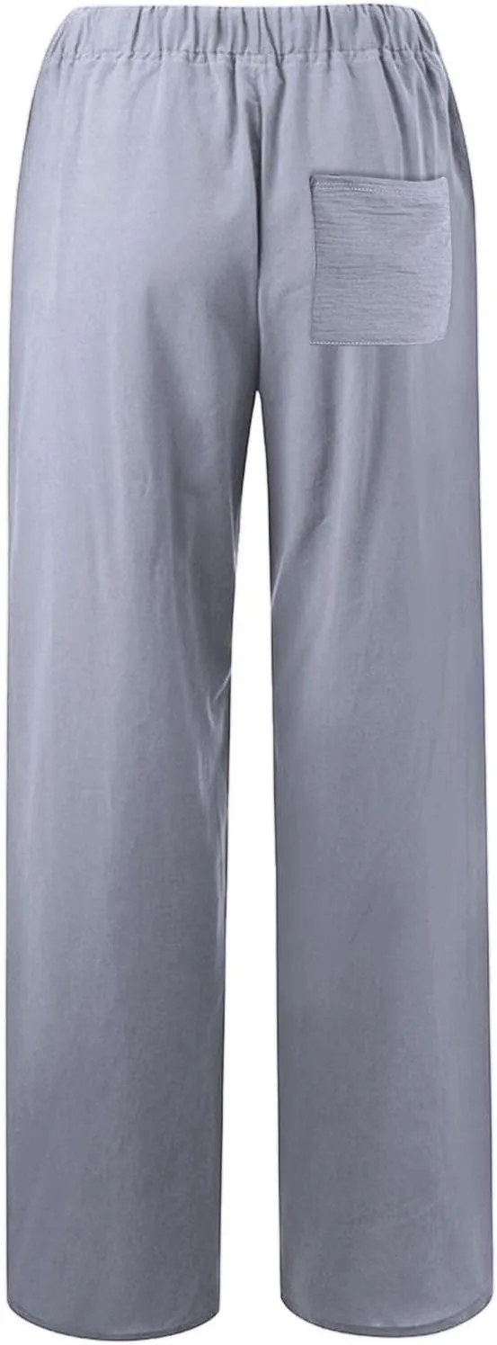 Linen Wide Leg Pants for Women Casual Elastic Waisted Palazzo Stretchy Summer Beach Travel Vacation Lounge Trousers