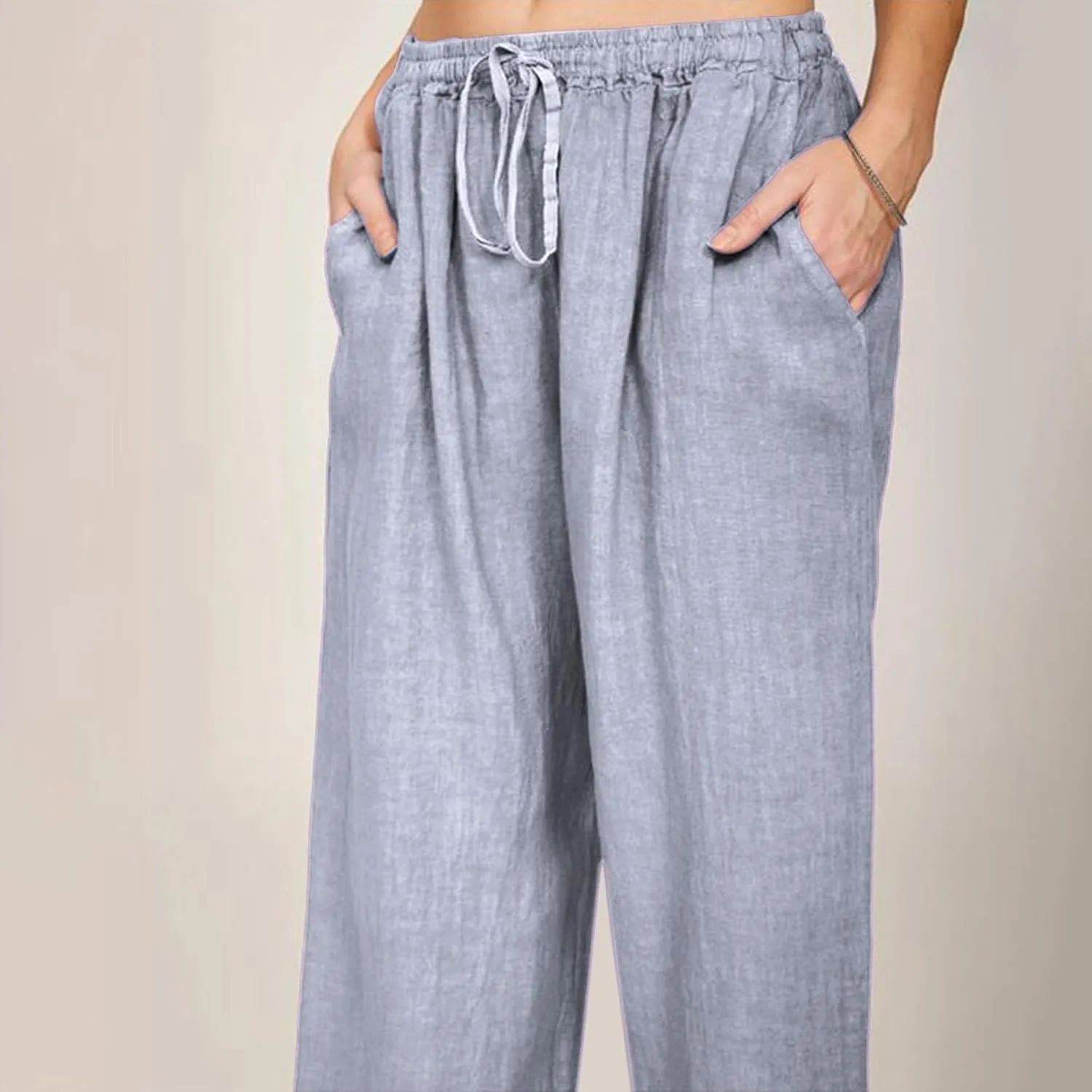 Linen Wide Leg Pants for Women Casual Elastic Waisted Palazzo Stretchy Summer Beach Travel Vacation Lounge Trousers
