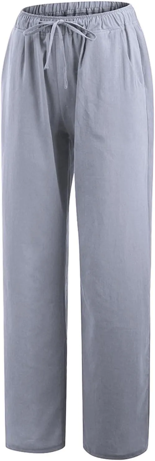 Linen Wide Leg Pants for Women Casual Elastic Waisted Palazzo Stretchy Summer Beach Travel Vacation Lounge Trousers
