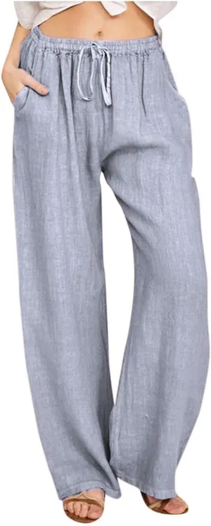 Linen Wide Leg Pants for Women Casual Elastic Waisted Palazzo Stretchy Summer Beach Travel Vacation Lounge Trousers
