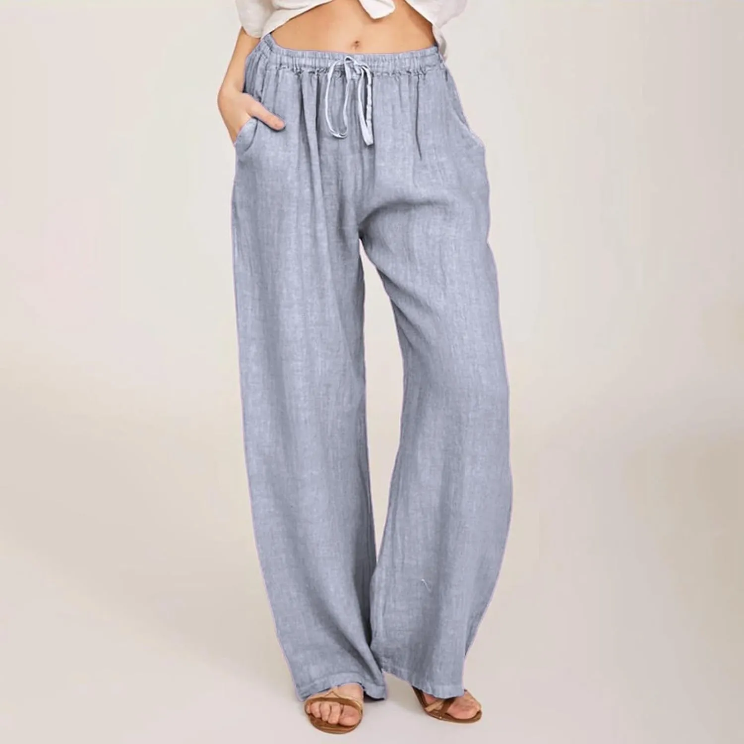 Linen Wide Leg Pants for Women Casual Elastic Waisted Palazzo Stretchy Summer Beach Travel Vacation Lounge Trousers