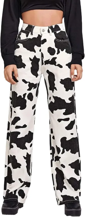 lisenraIn Women High Waist Cow Print Pants Straight Wide Leg Cowgirl Denim Jeans Casual Halloween Trousers with Pockets