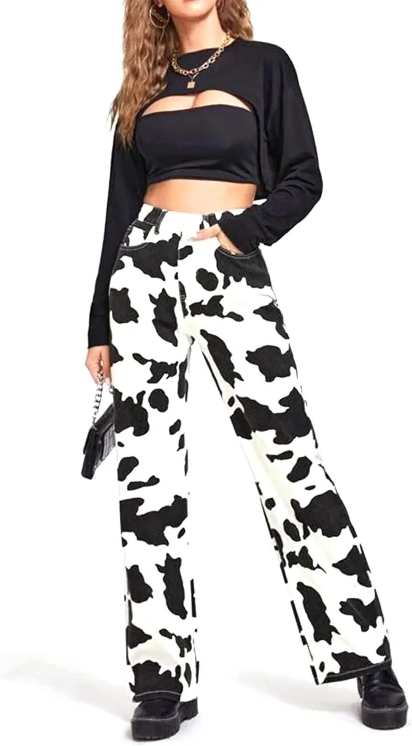 lisenraIn Women High Waist Cow Print Pants Straight Wide Leg Cowgirl Denim Jeans Casual Halloween Trousers with Pockets
